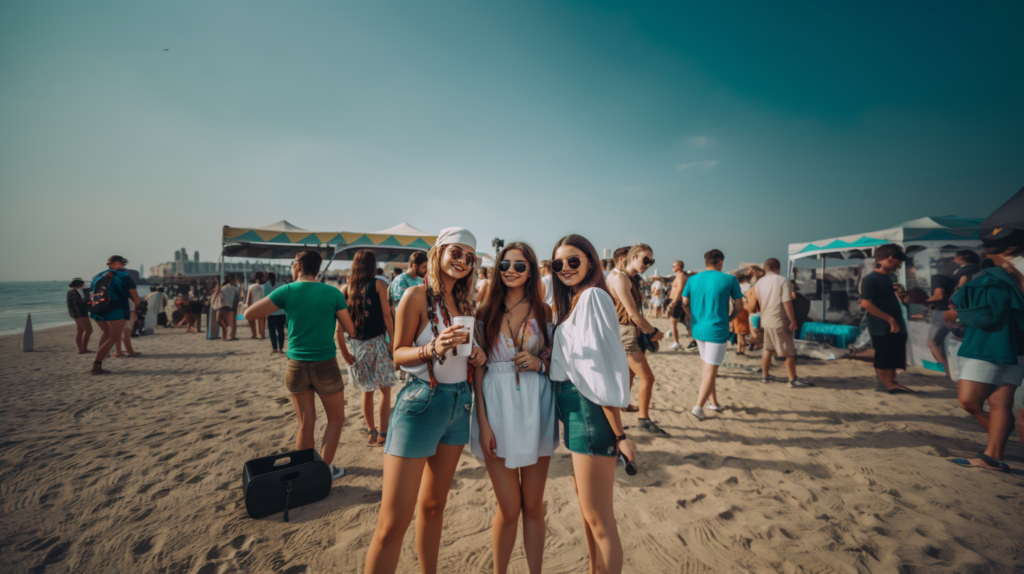 three friends on the beach at a multi-day event